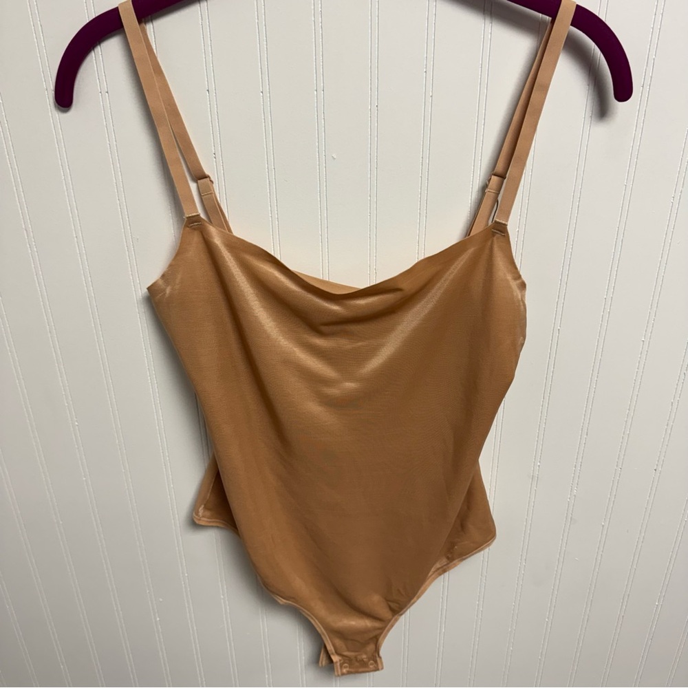 SKIMS Satin Cowl Neck Bodysuit in Camel